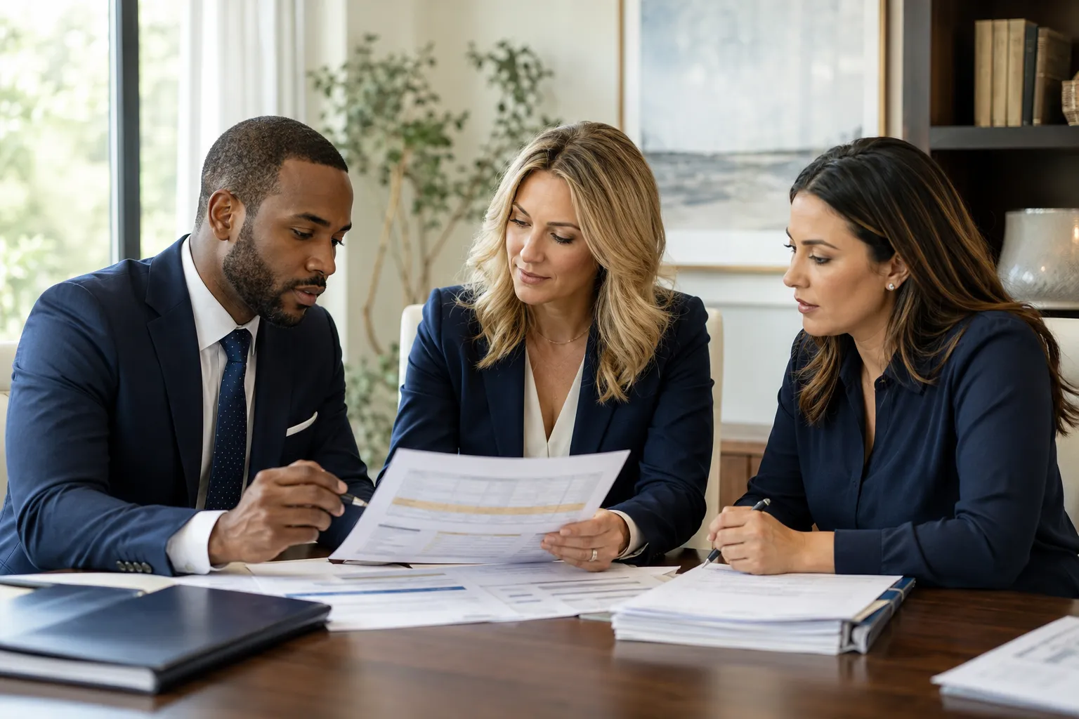 Attorneys reviewing settlement and lien documentation together